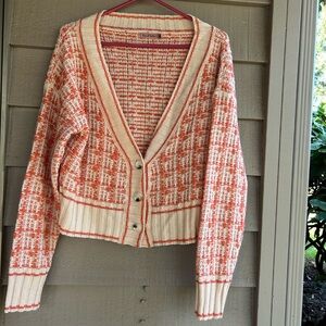 Skylar Rose Cream and Coral Knit Button-Front V-neck Women's Cardigan Sweater